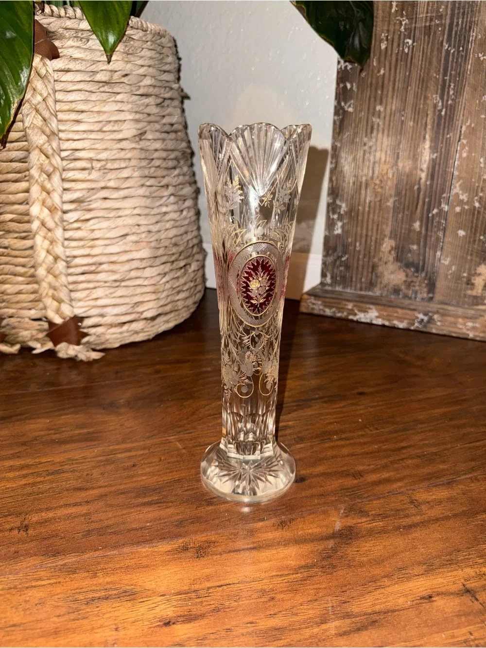 Vintage Bohemian Czech Crystal Vase Ruby Flash Gold Gilt Floral 10” Vase (Rare)